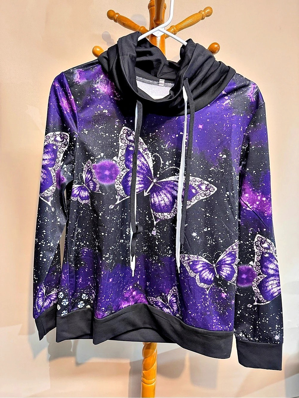 Women’s Purple Butterfly Galaxy Cowl Neck Top Size Small